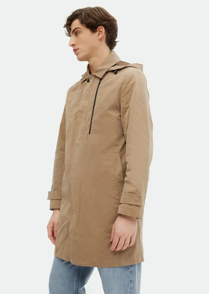 Buff Regular Fit Shirt Collar Casual Weaving Removable Hood Rain Coat - 4