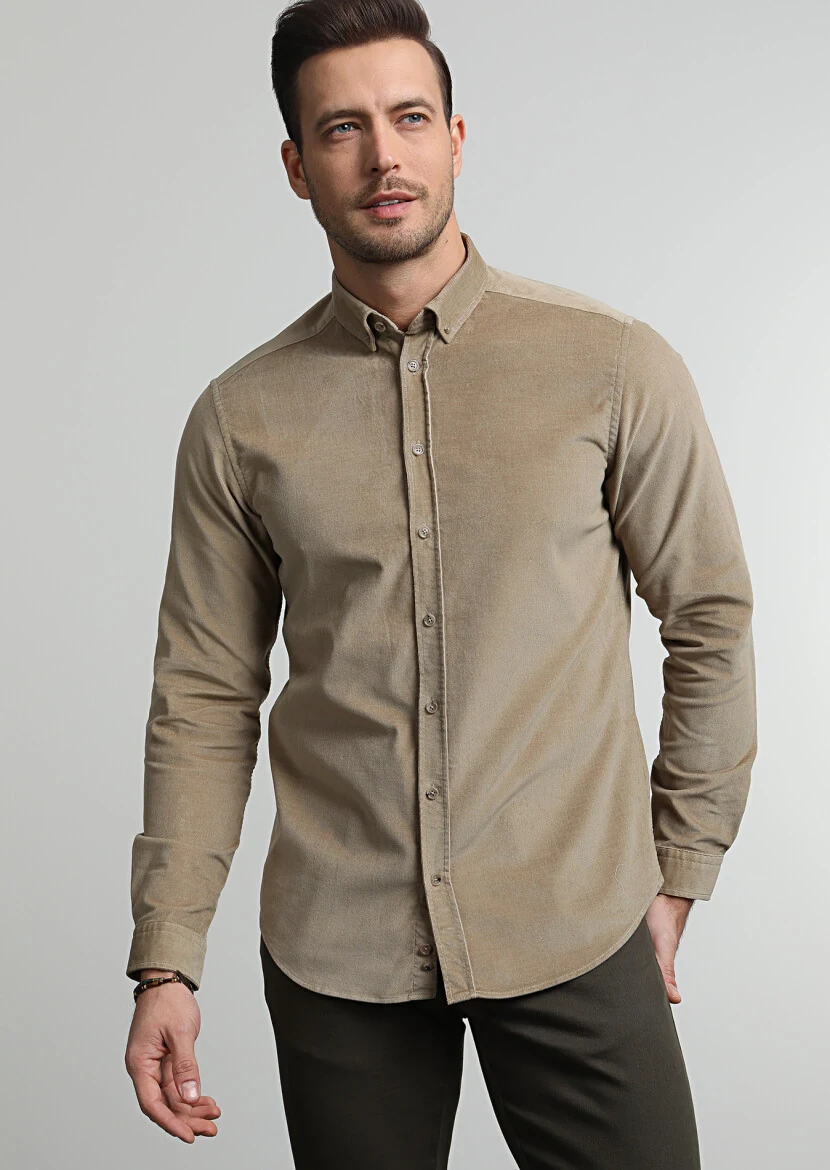 Buff Ribbed Regular Fit Weaving Casual Cotton Blended Shirt - 1