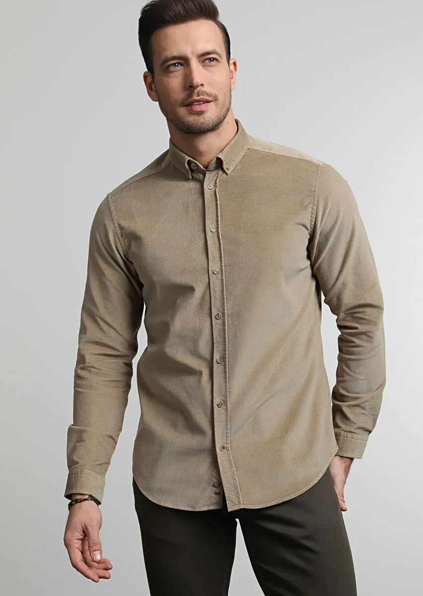 Buff Ribbed Regular Fit Weaving Casual Cotton Blended Shirt - 1