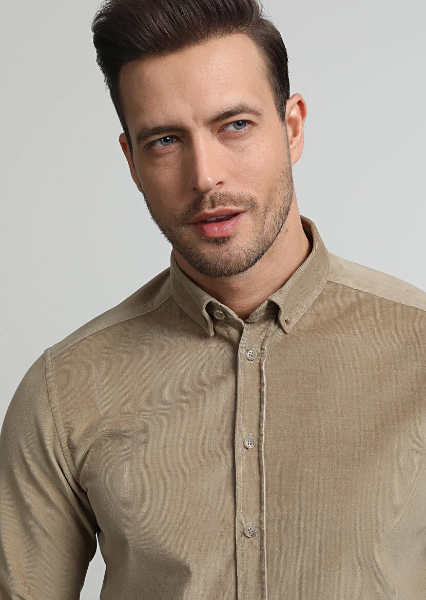 Buff Ribbed Regular Fit Weaving Casual Cotton Blended Shirt - 2