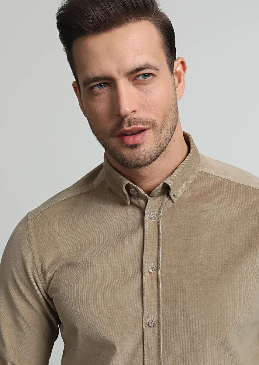 Buff Ribbed Regular Fit Weaving Casual Cotton Blended Shirt - 2