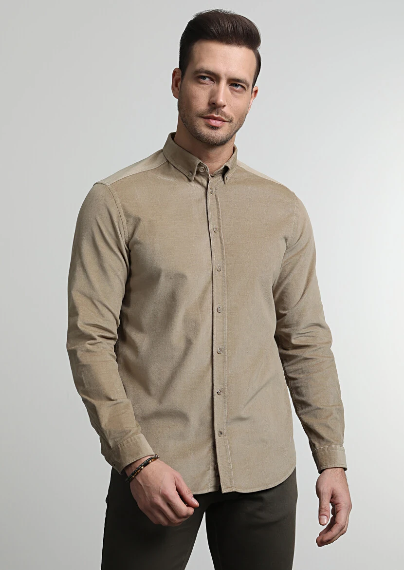 Buff Ribbed Regular Fit Weaving Casual Cotton Blended Shirt - 3