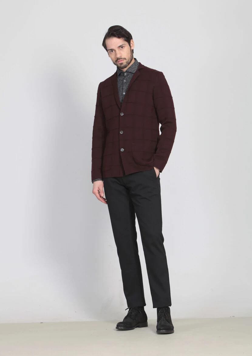 Burgundy Jacquard Wool Blended Cardigan - 1