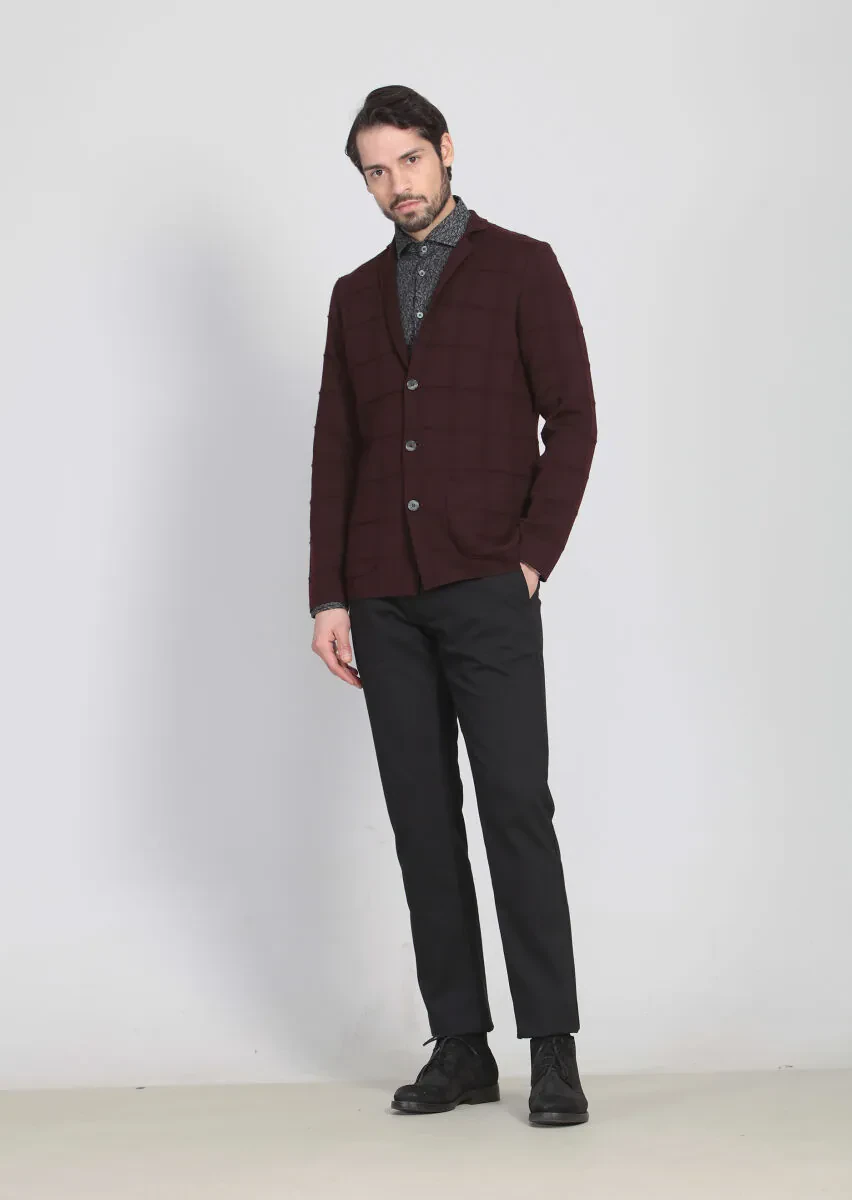 Burgundy Jacquard Wool Blended Cardigan - 1