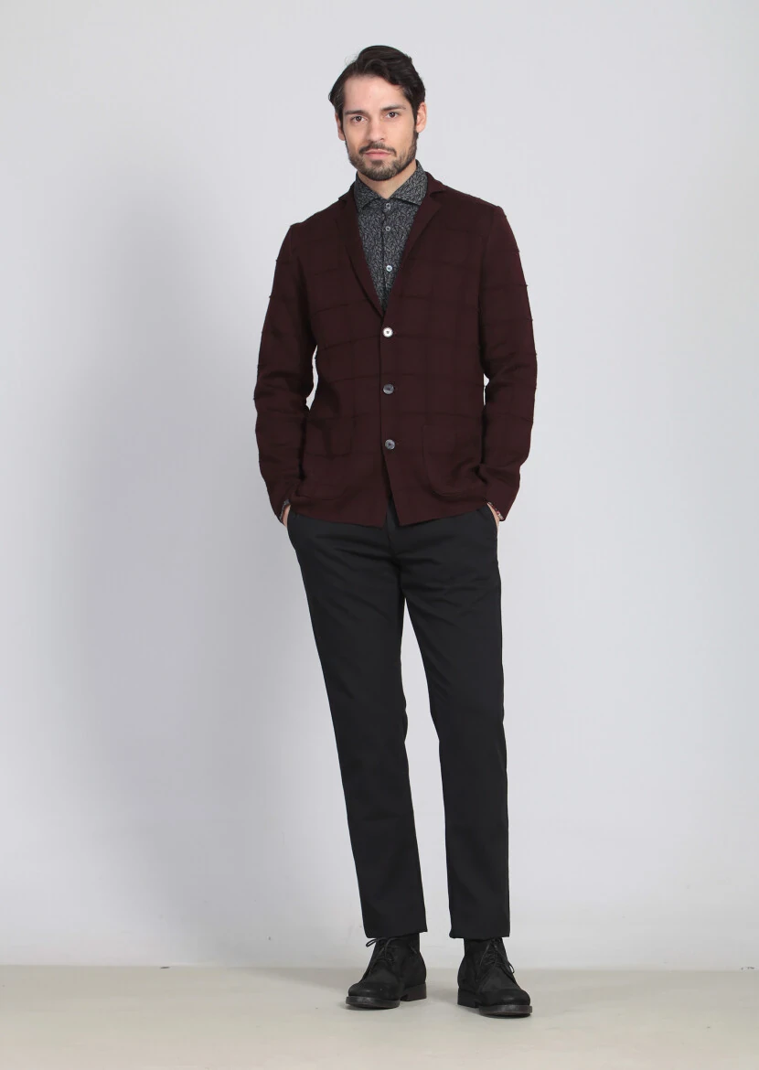 Burgundy Jacquard Wool Blended Cardigan - 2