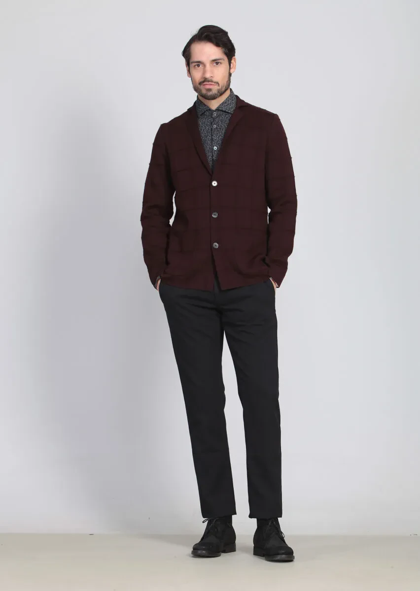 Burgundy Jacquard Wool Blended Cardigan - 2