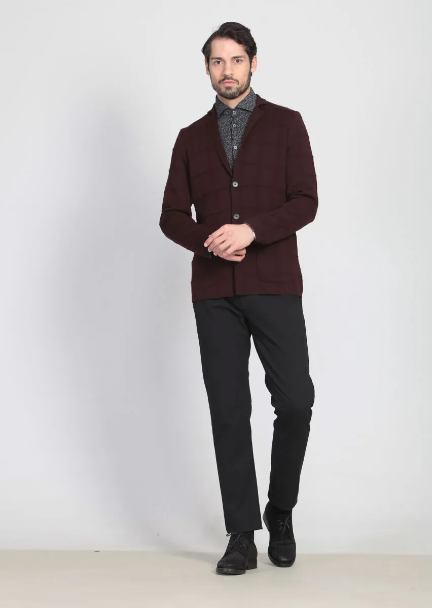 Burgundy Jacquard Wool Blended Cardigan - 3