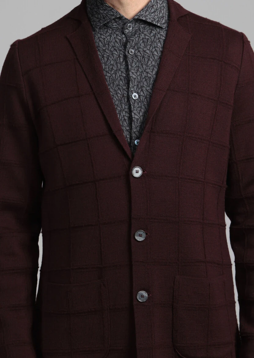 Burgundy Jacquard Wool Blended Cardigan - 4