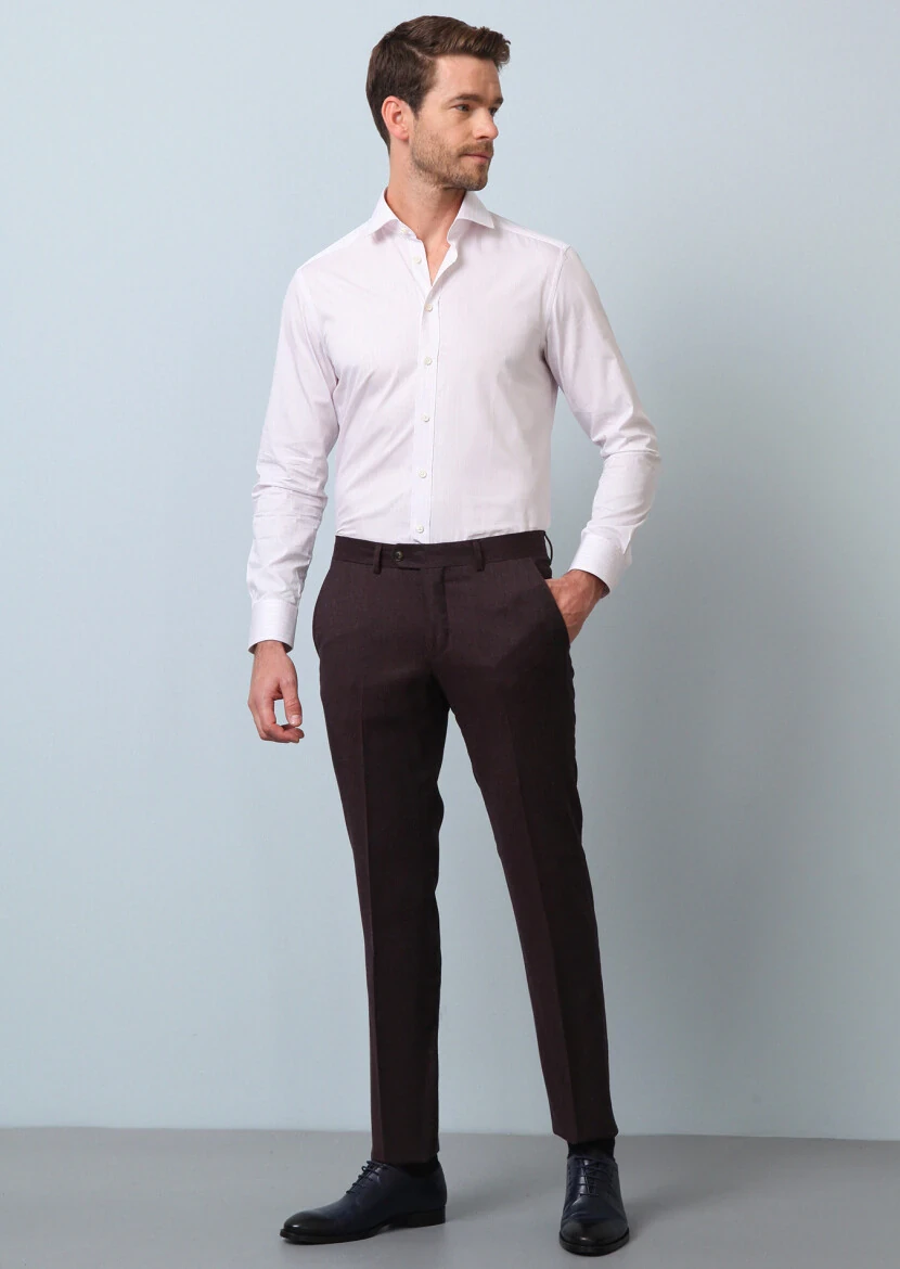 Burgundy Material Modern Fit Classical 100% Wool Trousers - 1