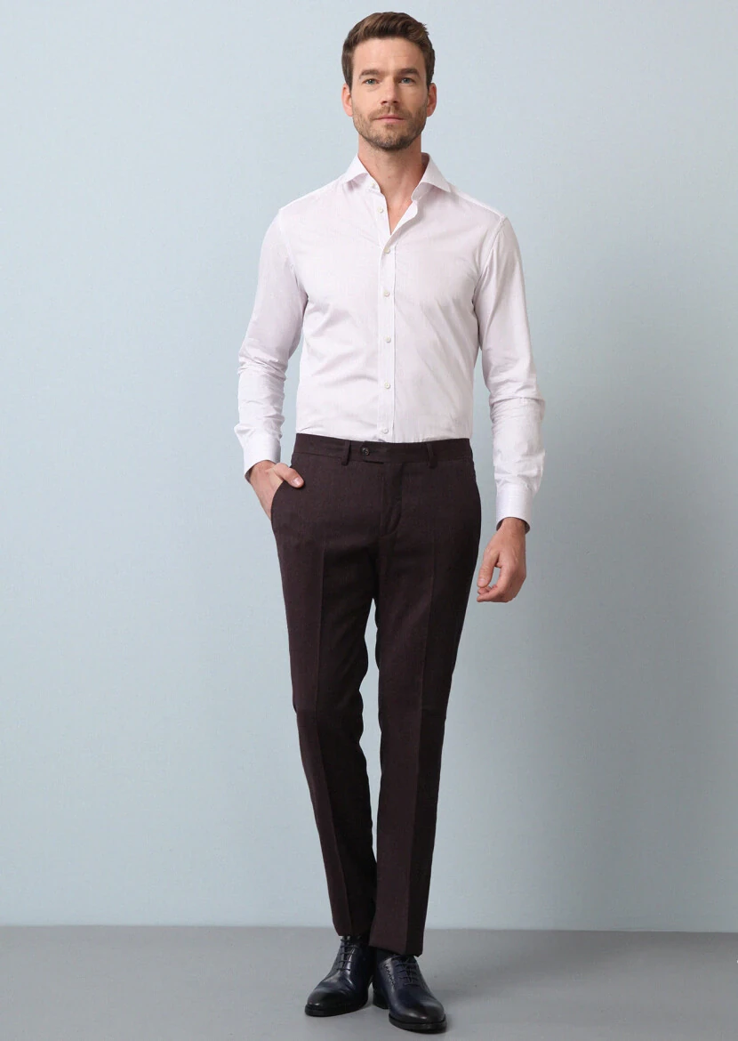 Burgundy Material Modern Fit Classical 100% Wool Trousers - 2