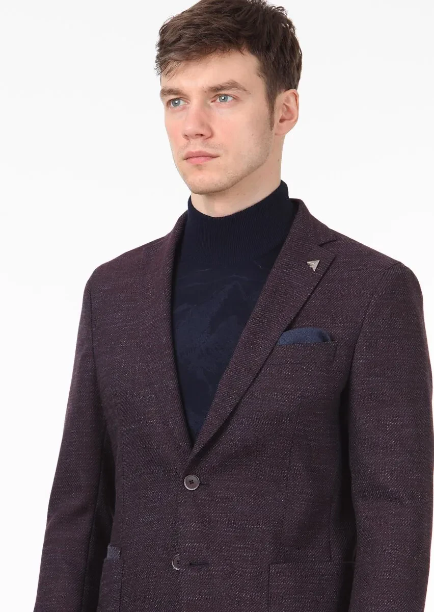 Burgundy Micro Regular Fit Wool Blended Jacket - 1