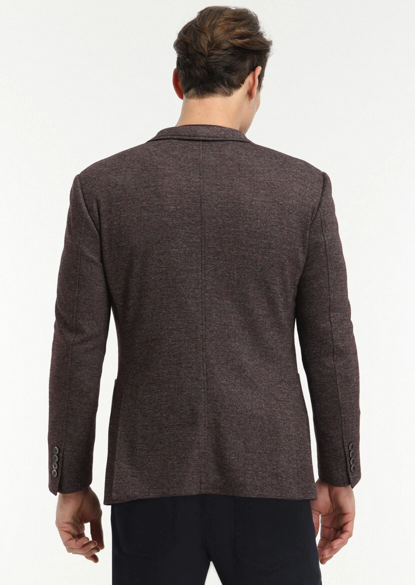 Burgundy Patterned Zeroweight Slim Fit Wool Blended Jacket - 4