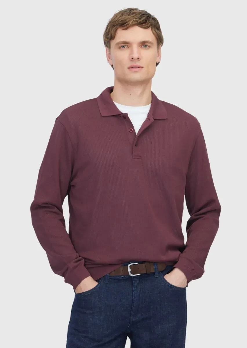 Burgundy Polo Neck Jacquard Sweatshirt - 1