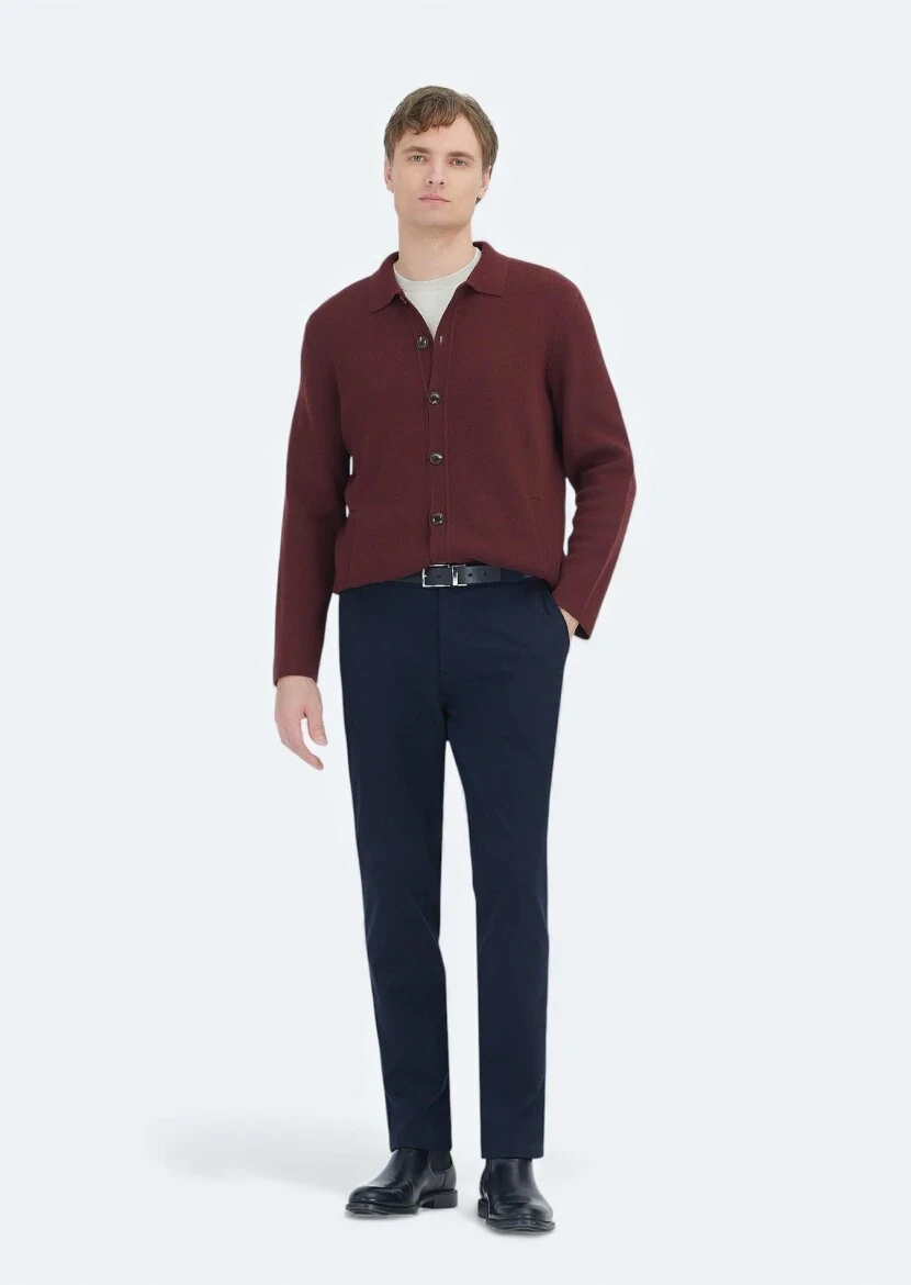 Burgundy Polo Neck Plain Knitting Wool Blended Cardigan - RAMSEY