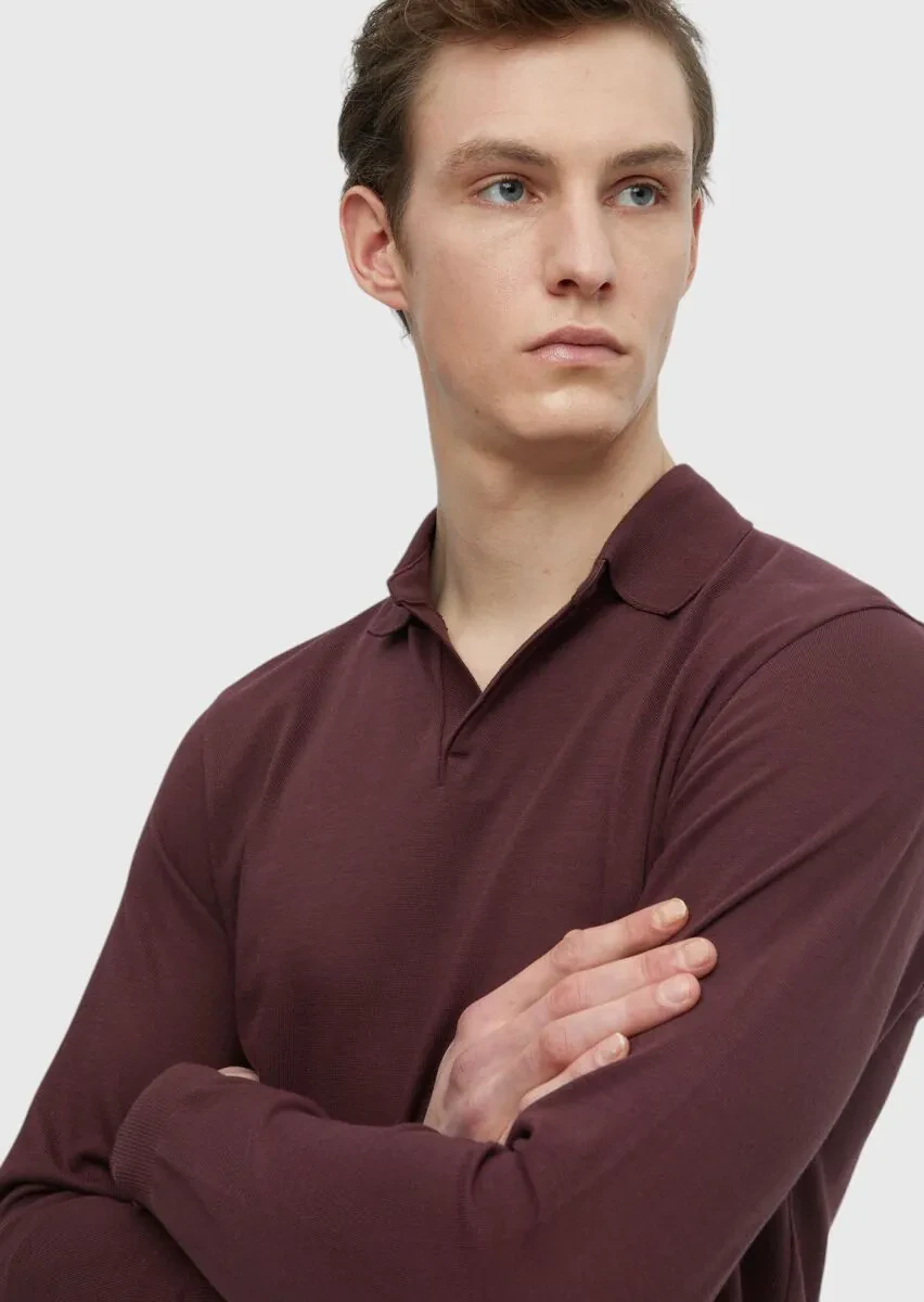 Burgundy Polo Neck Plain Sweatshirt - 5