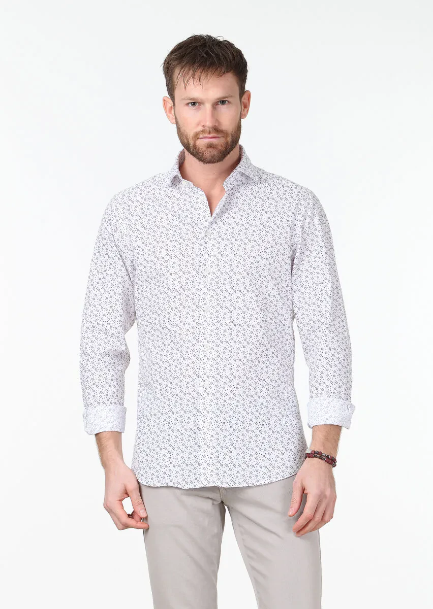 Burgundy Printed Slim Fit Weaving Casual 100% Cotton Shirt - 1