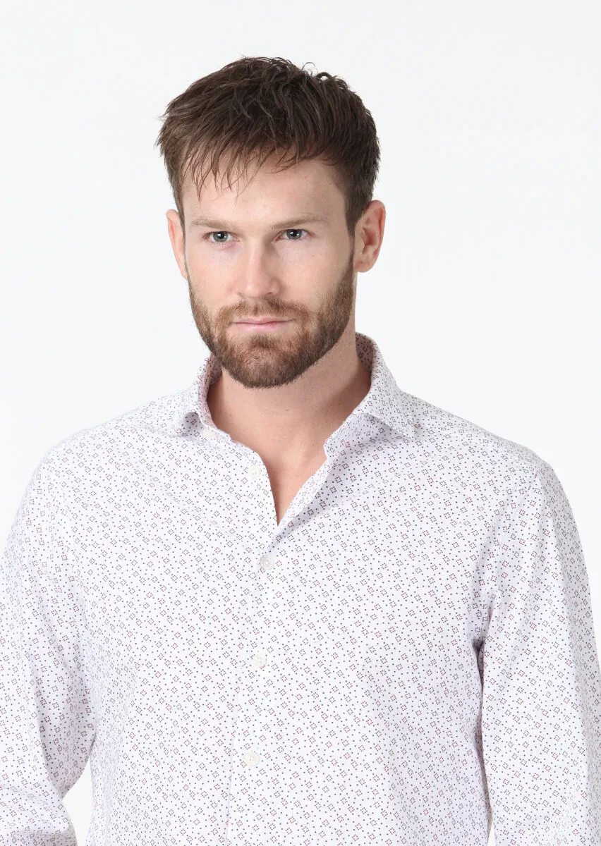 Burgundy Printed Slim Fit Weaving Casual 100% Cotton Shirt - 3