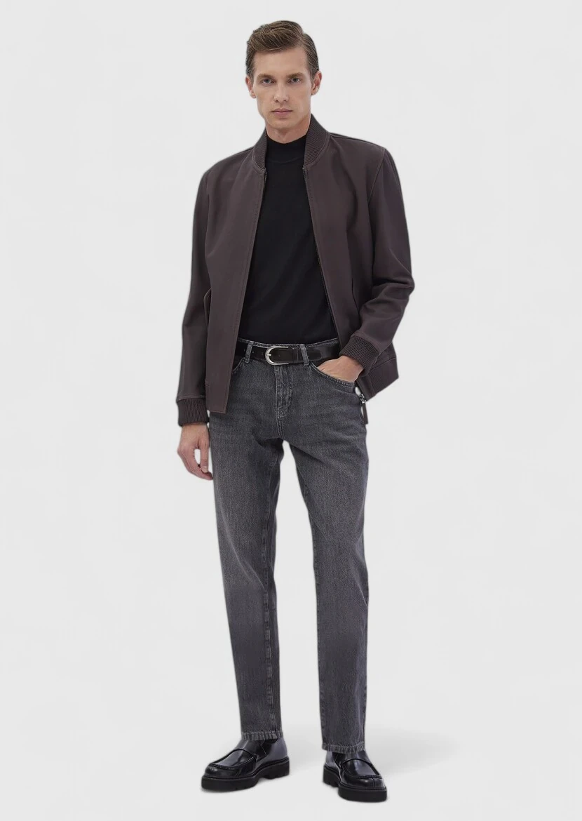 Burgundy Regular Fit Turtleneck Casual Leather Leather Coat - RAMSEY