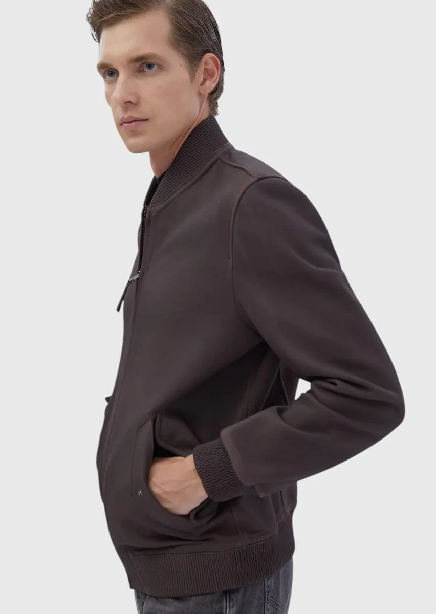 Burgundy Regular Fit Turtleneck Casual Leather Leather Coat - 3