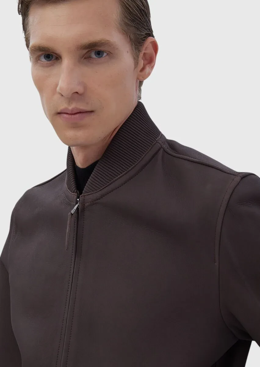 Burgundy Regular Fit Turtleneck Casual Leather Leather Coat - 5