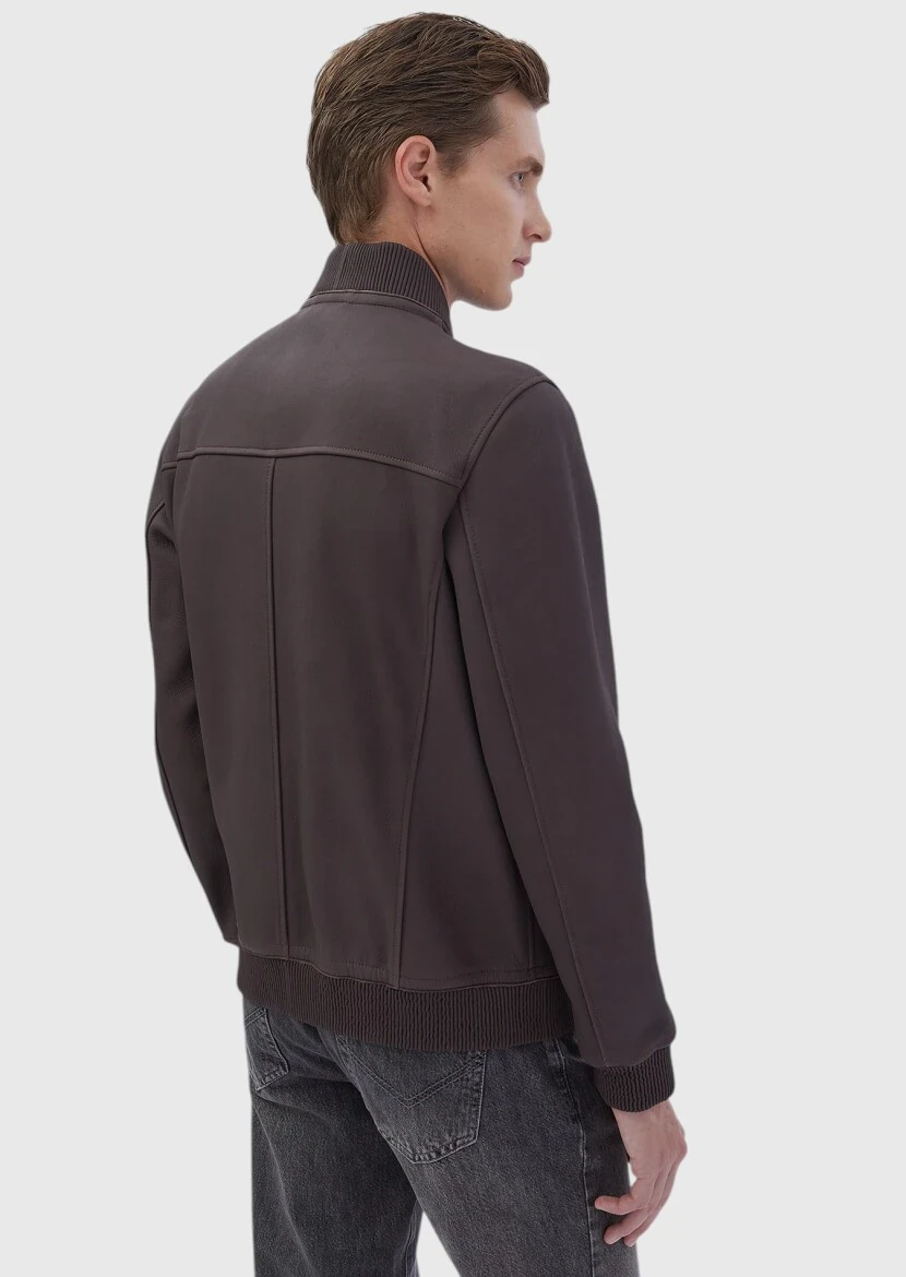 Burgundy Regular Fit Turtleneck Casual Leather Leather Coat - 6