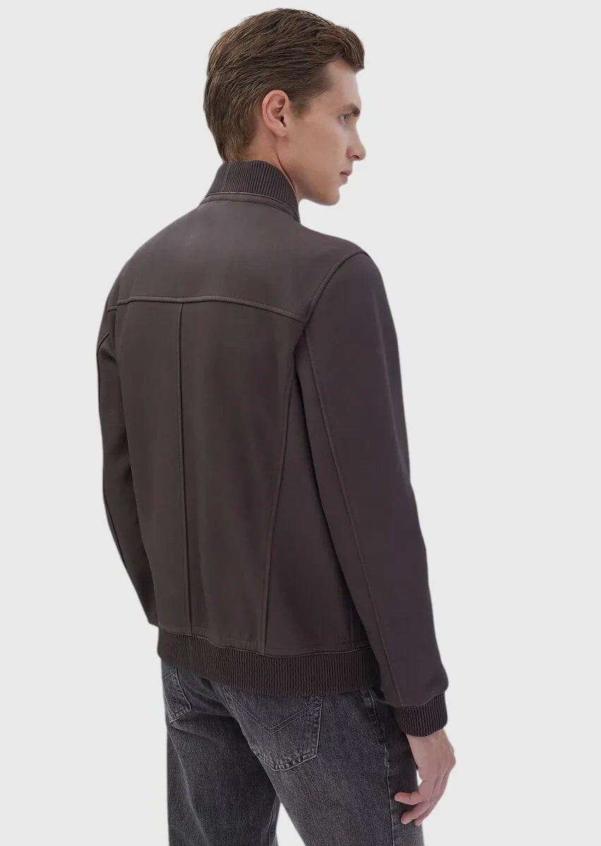 Burgundy Regular Fit Turtleneck Casual Leather Leather Coat - 6