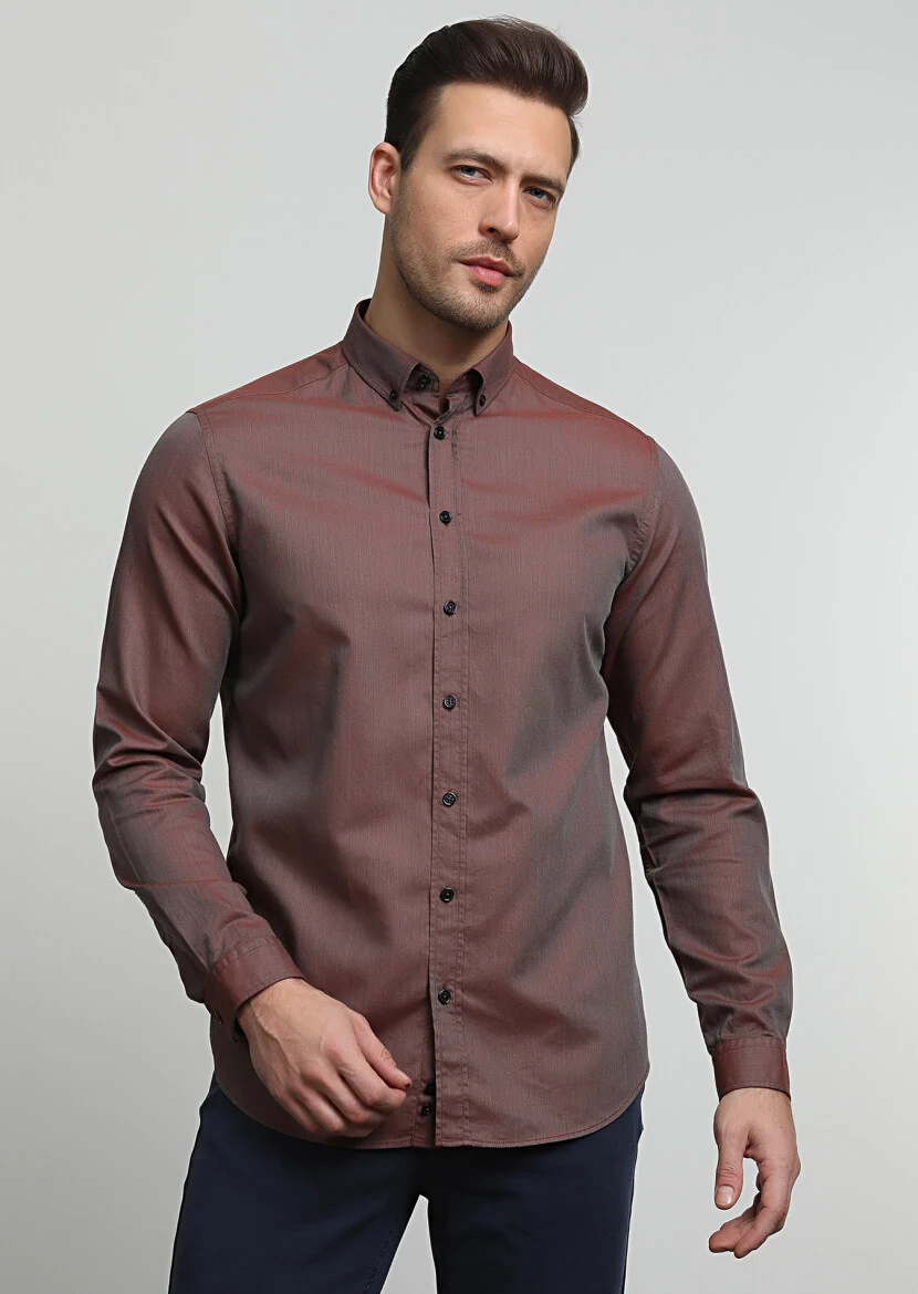 Burgundy Regular Fit Weaving Casual 100% Cotton Shirt - 1