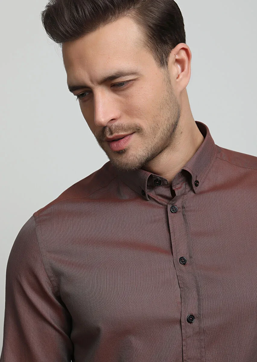 Burgundy Regular Fit Weaving Casual 100% Cotton Shirt - 2