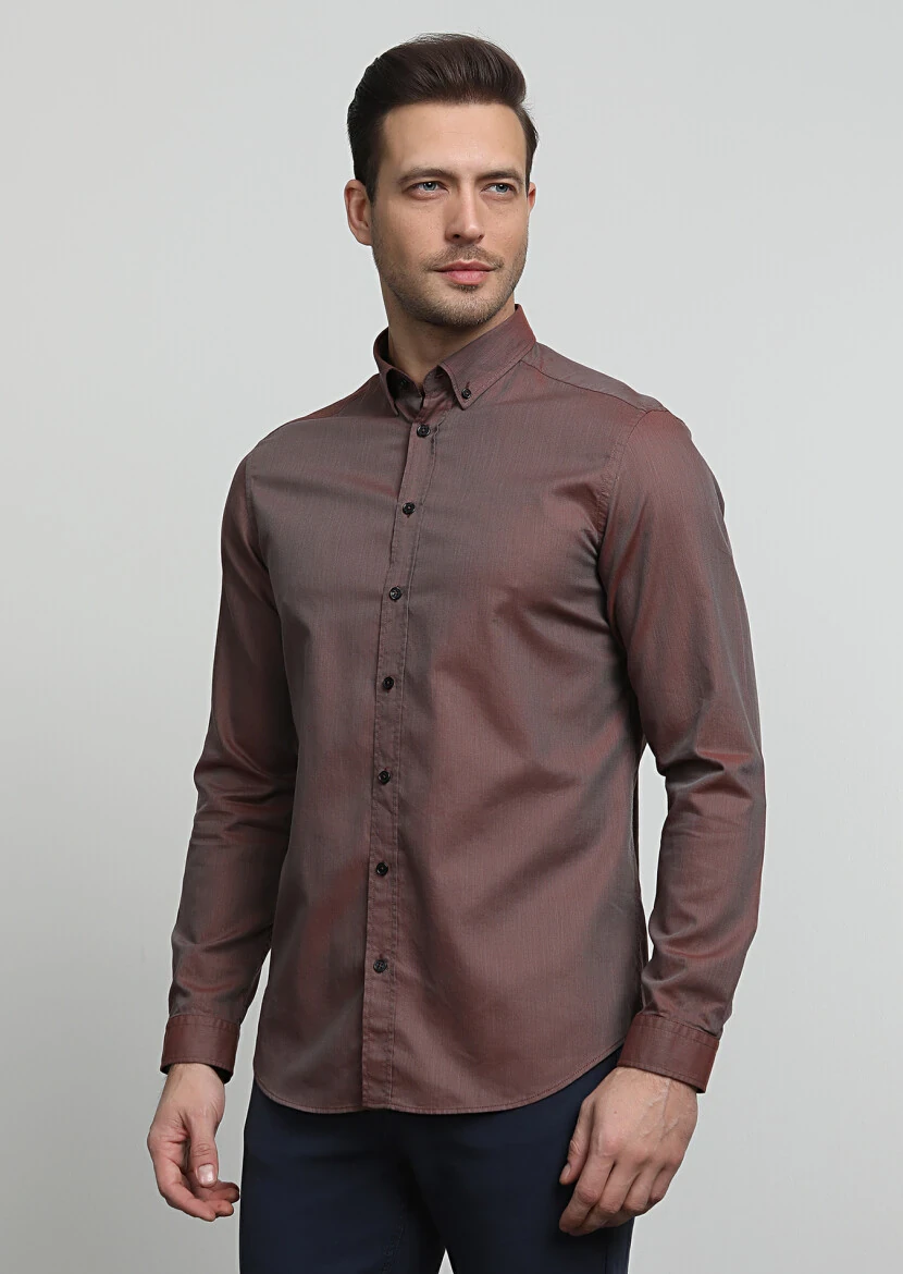 Burgundy Regular Fit Weaving Casual 100% Cotton Shirt - 3