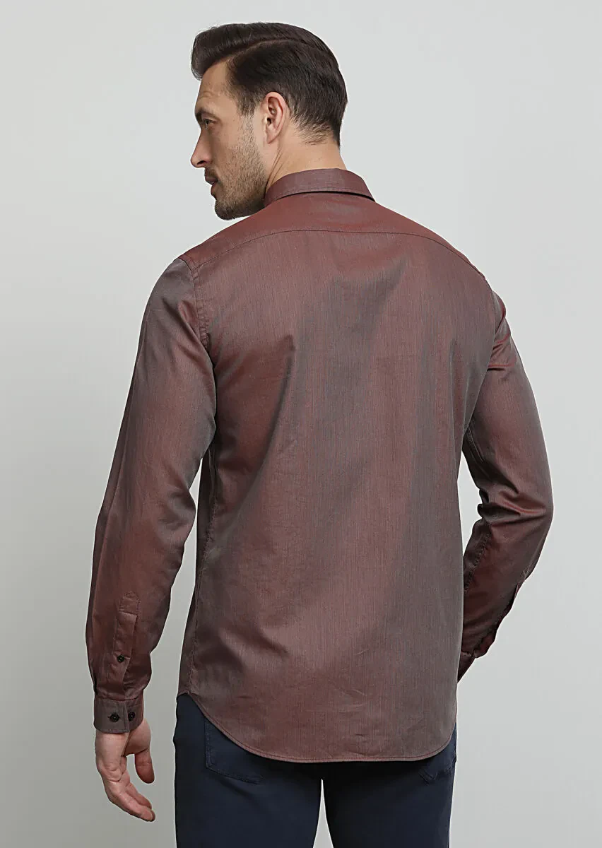Burgundy Regular Fit Weaving Casual 100% Cotton Shirt - 4