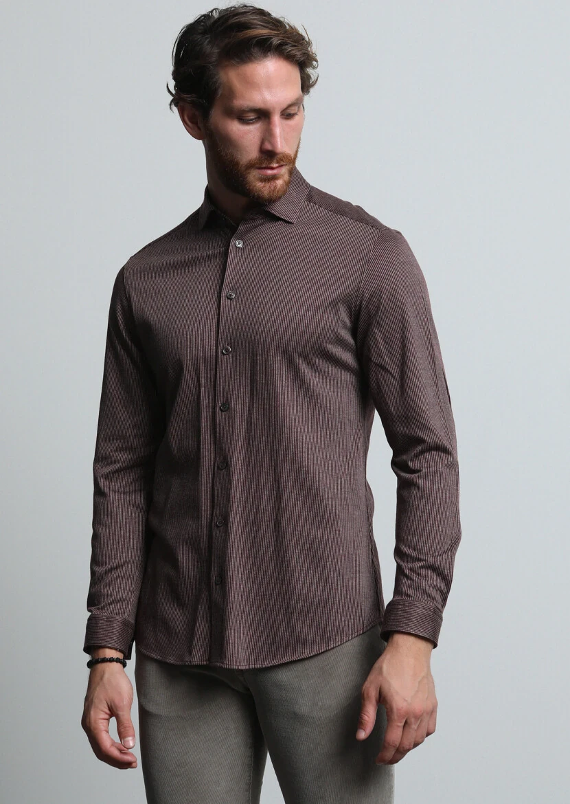 Burgundy Striped Slim Fit Knitting Casual 100% Cotton Shirt - 1