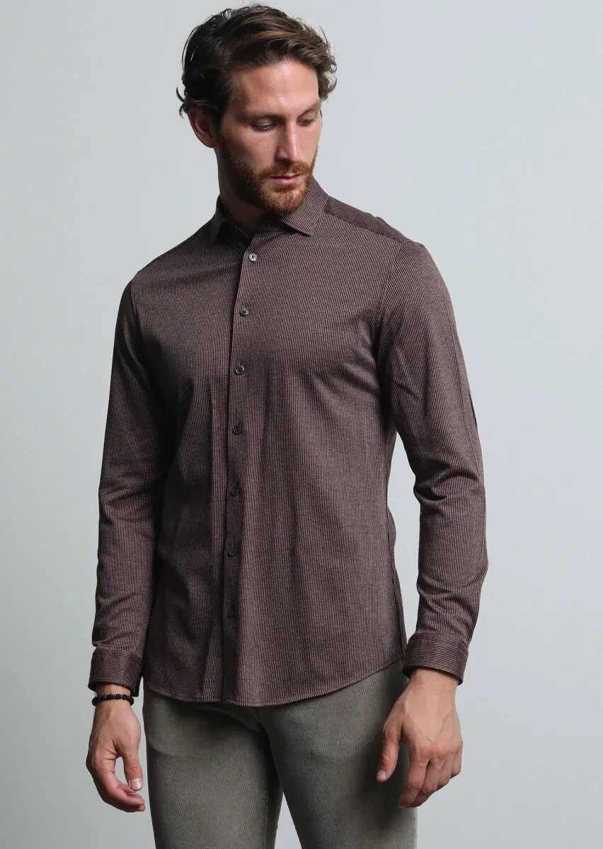 Burgundy Striped Slim Fit Knitting Casual 100% Cotton Shirt - 1