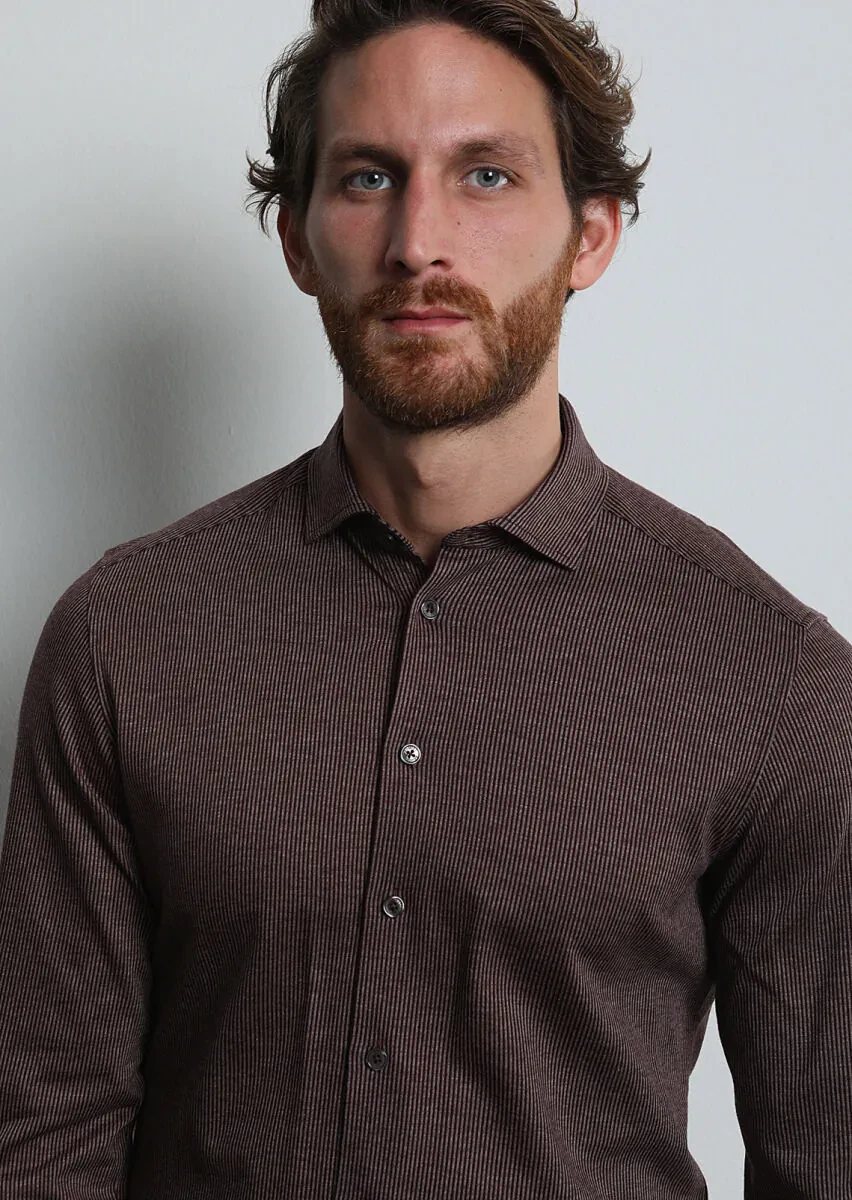 Burgundy Striped Slim Fit Knitting Casual 100% Cotton Shirt - 2