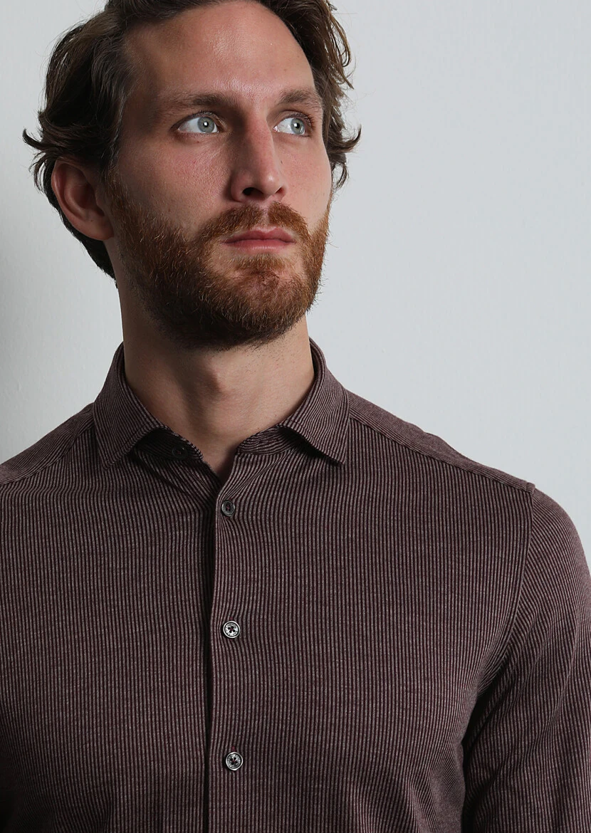 Burgundy Striped Slim Fit Knitting Casual 100% Cotton Shirt - 3