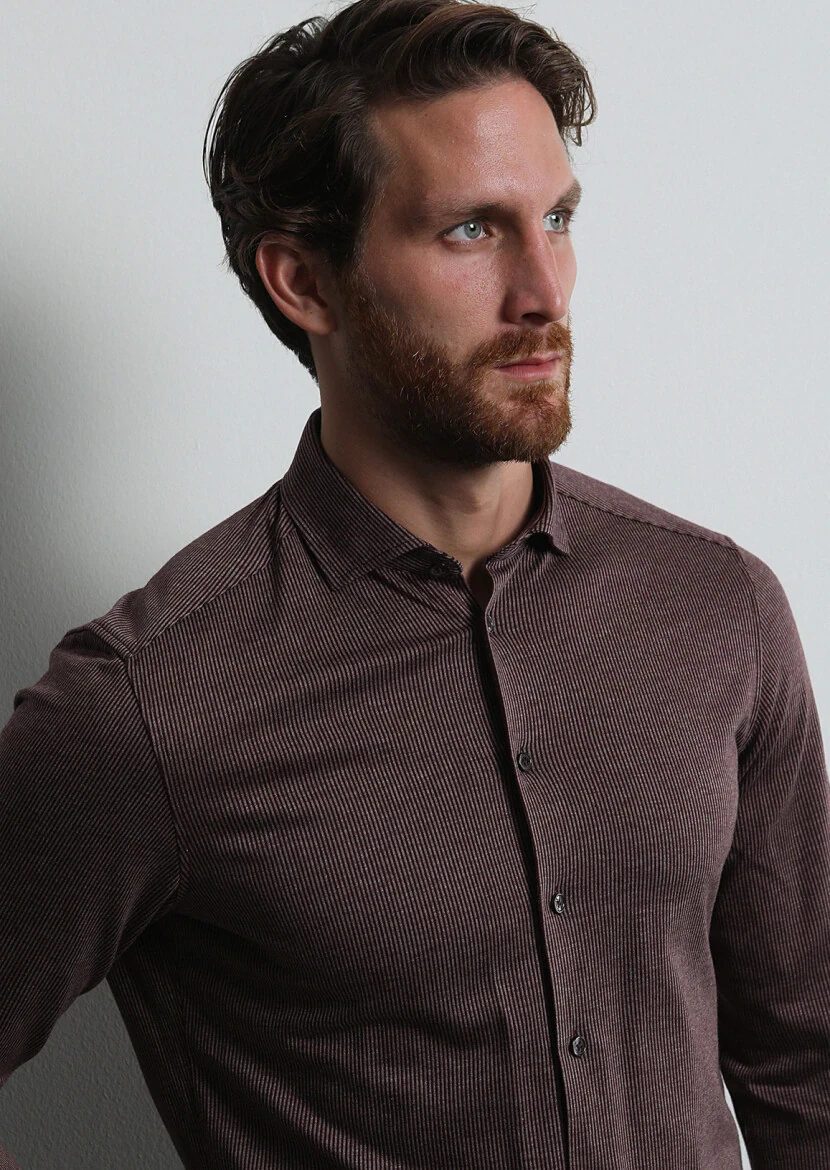 Burgundy Striped Slim Fit Knitting Casual 100% Cotton Shirt - 4