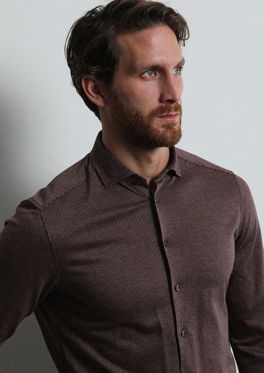 Burgundy Striped Slim Fit Knitting Casual 100% Cotton Shirt - 4