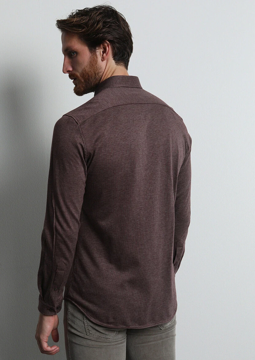 Burgundy Striped Slim Fit Knitting Casual 100% Cotton Shirt - 5