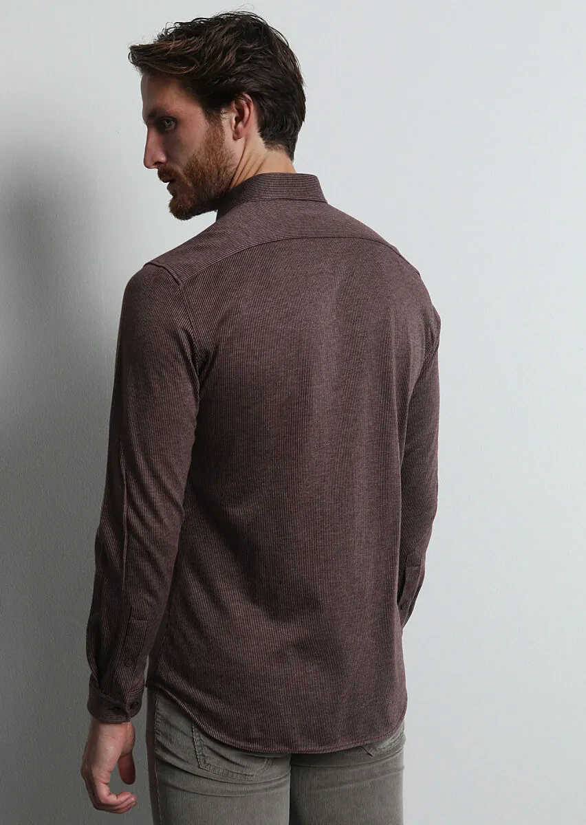 Burgundy Striped Slim Fit Knitting Casual 100% Cotton Shirt - 5