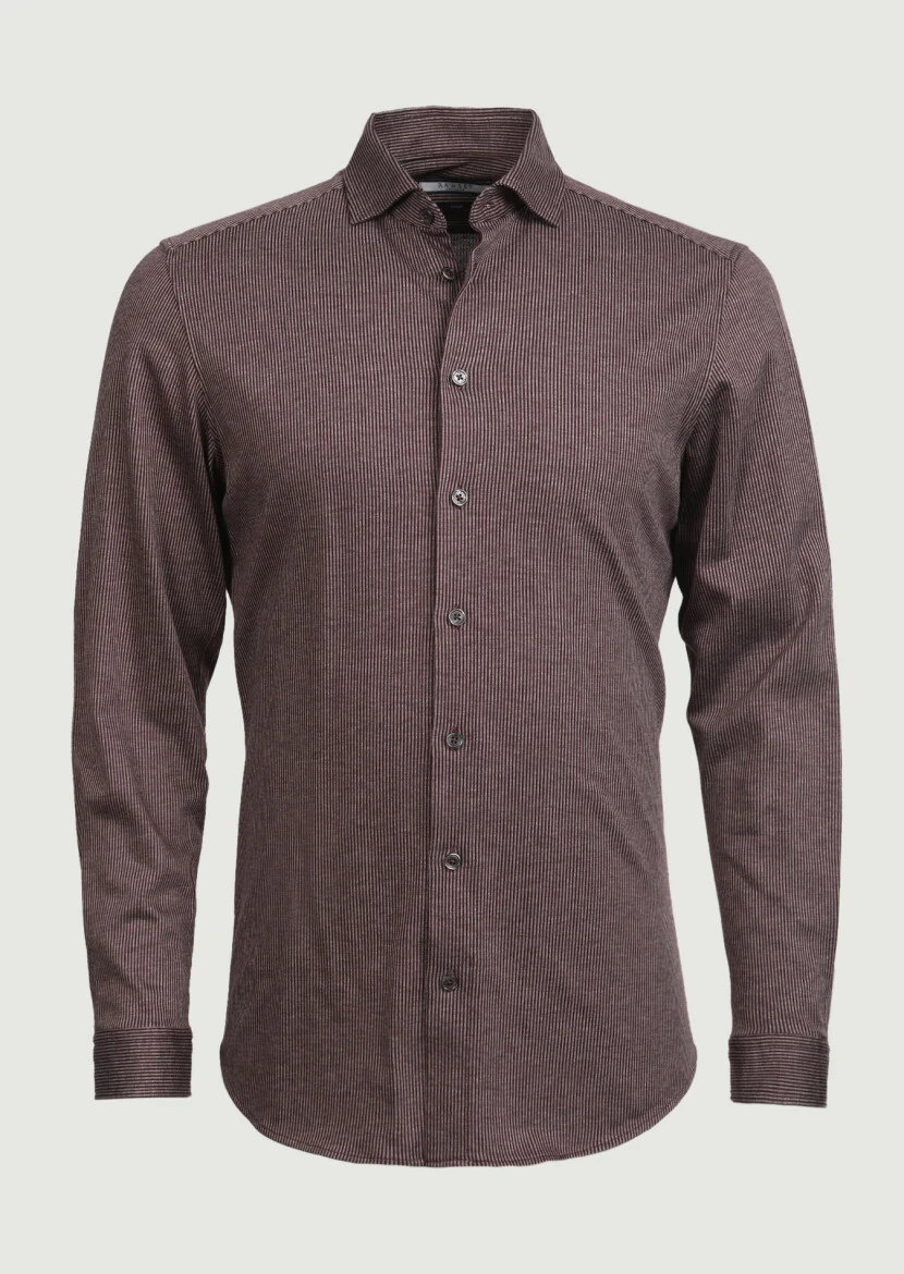 Burgundy Striped Slim Fit Knitting Casual 100% Cotton Shirt - 6