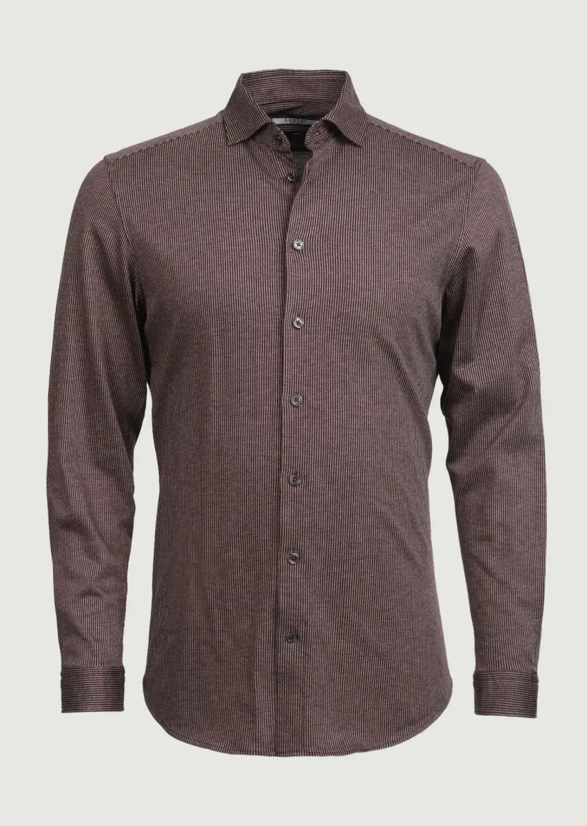 Burgundy Striped Slim Fit Knitting Casual 100% Cotton Shirt - 6
