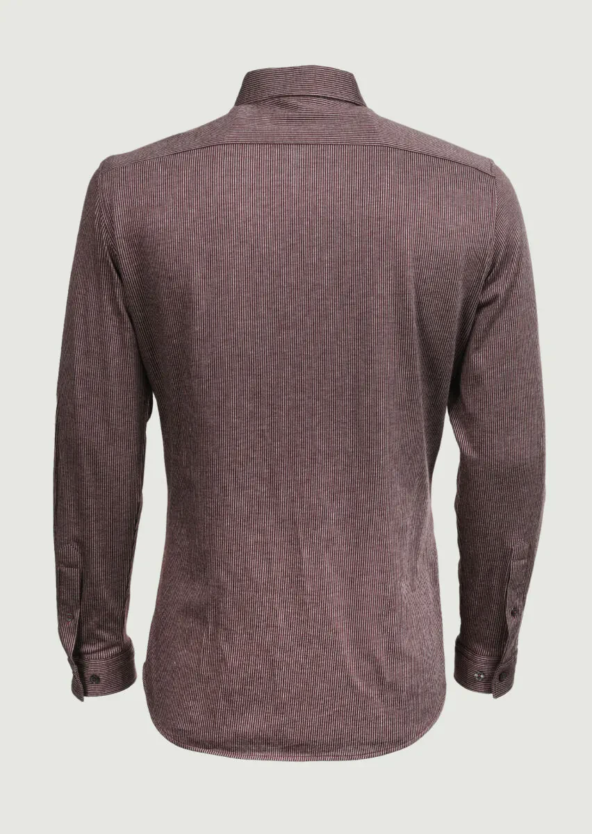 Burgundy Striped Slim Fit Knitting Casual 100% Cotton Shirt - 7