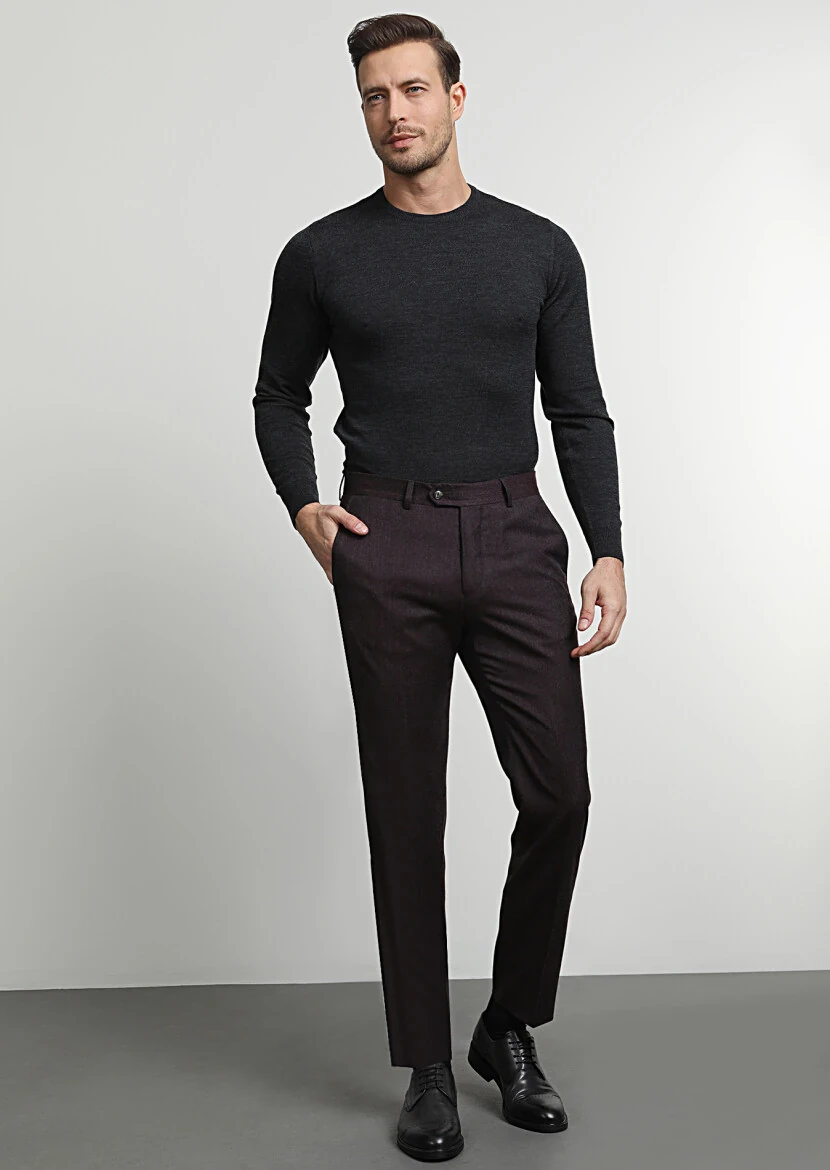 Burgundy Weaving Regular Fit Classical 100% Wool Trousers - 1