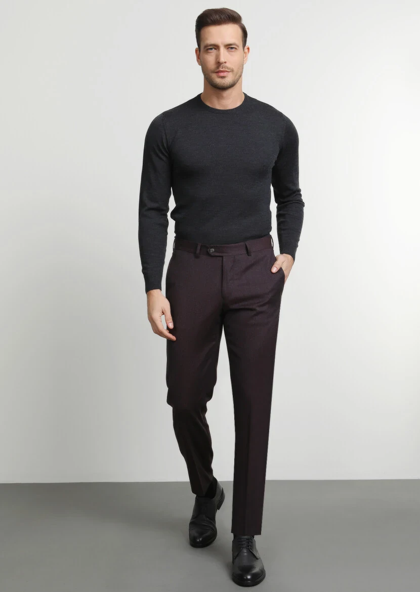 Burgundy Weaving Regular Fit Classical 100% Wool Trousers - 3