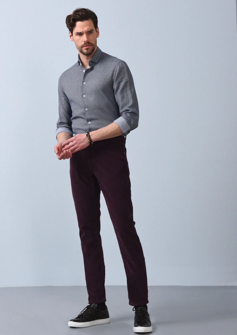 Burgundy Weaving Slim Fit Casual Cotton Blended Trousers 