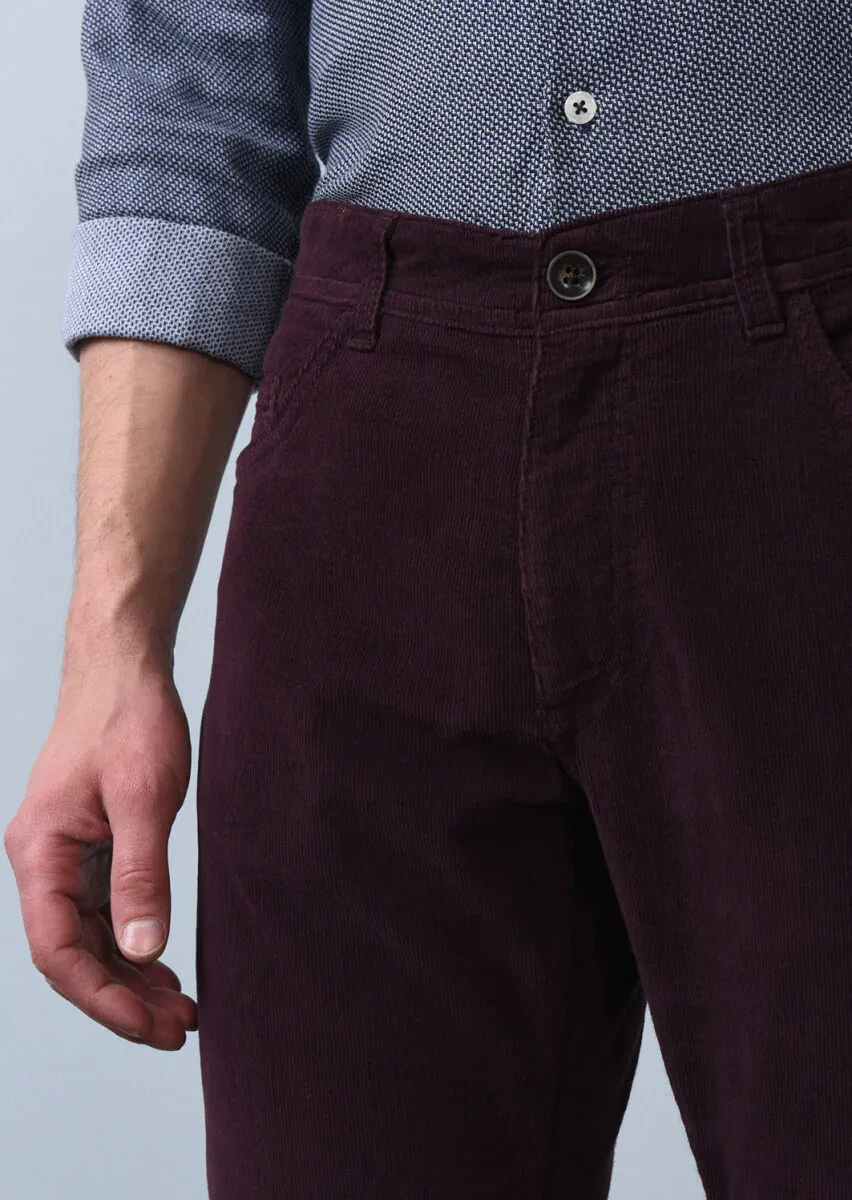 Burgundy Weaving Slim Fit Casual Cotton Blended Trousers - 3