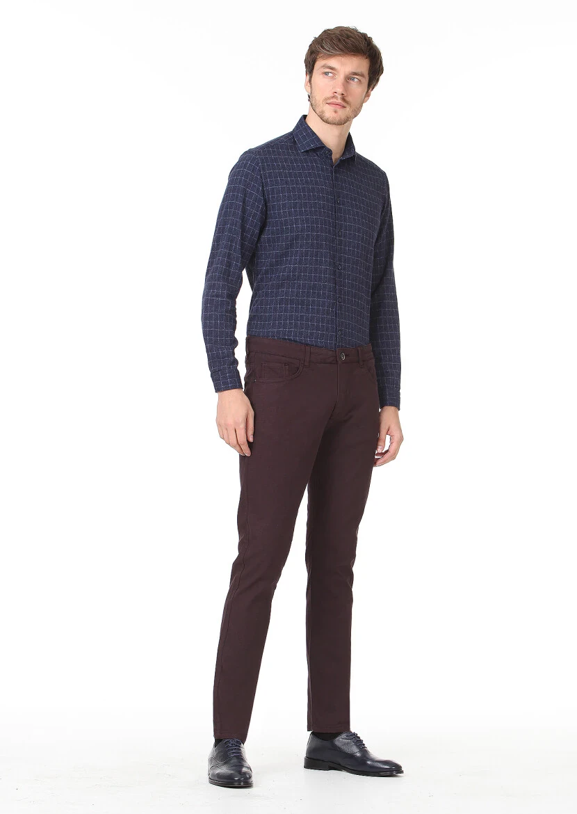 Burgundy Weaving Slim Fit Casual Cotton Blended Trousers - 1