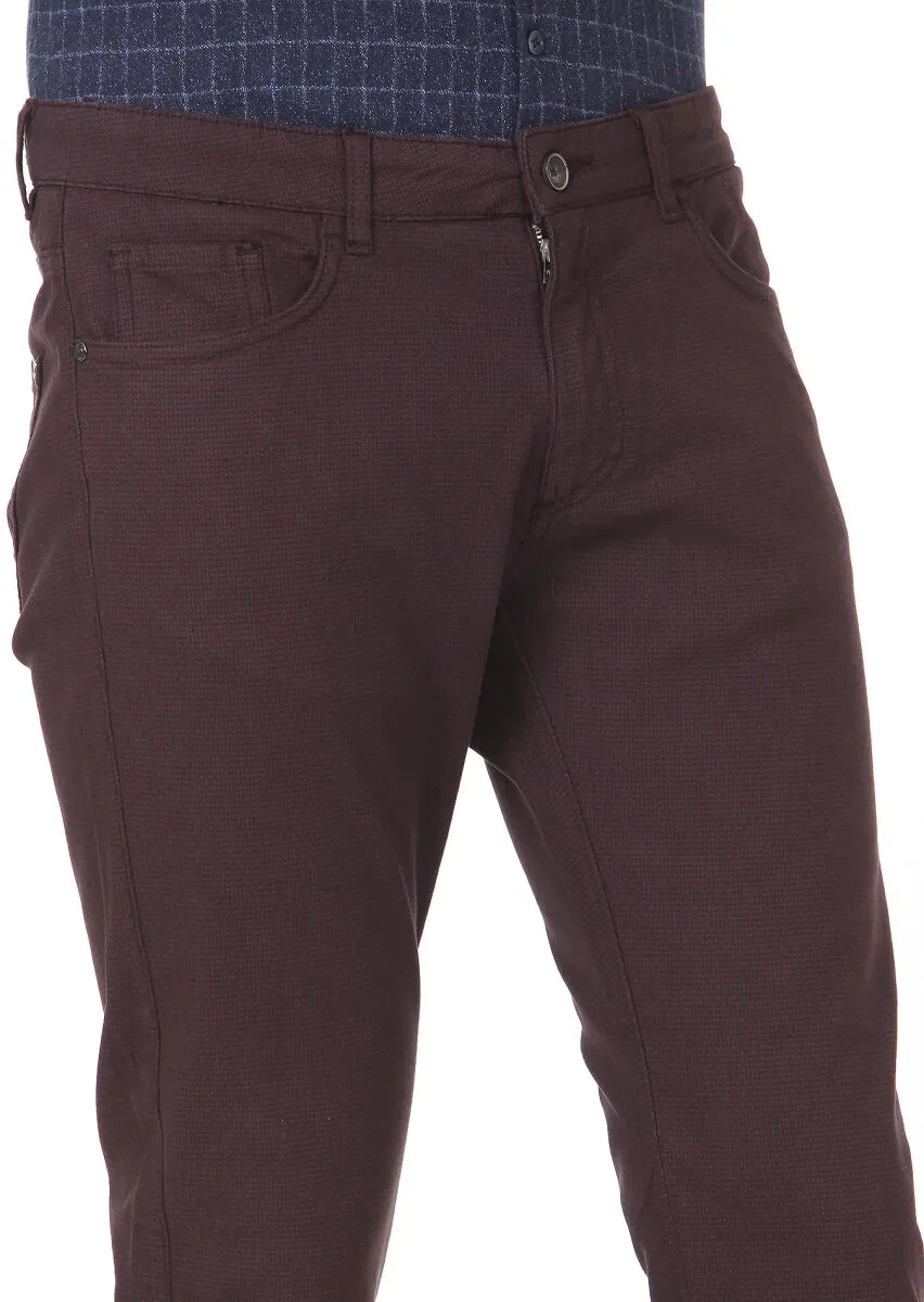 Burgundy Weaving Slim Fit Casual Cotton Blended Trousers - 3