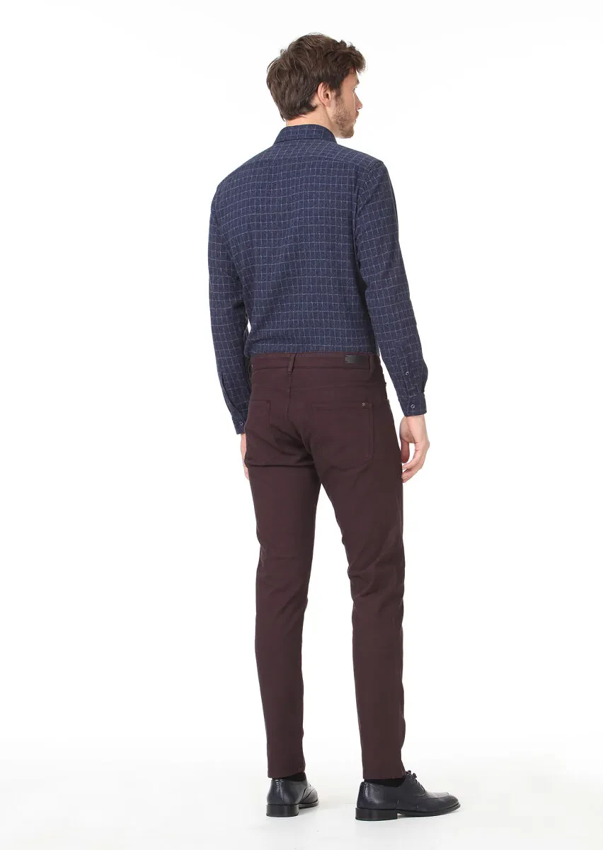 Burgundy Weaving Slim Fit Casual Cotton Blended Trousers - 4