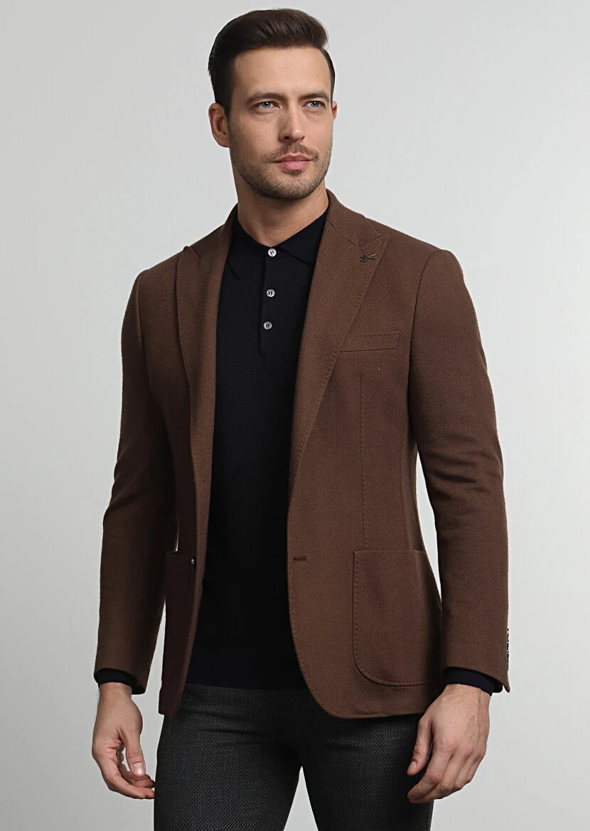 Cinnamon Patterned Zeroweight Slim Fit Wool Blended Jacket - 1