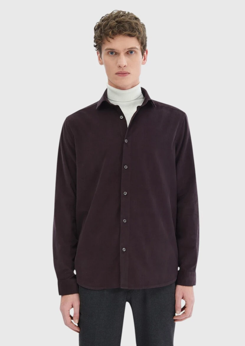 Damson Color Plain Casual Fit Weaving Casual 100% Cotton Shirt 